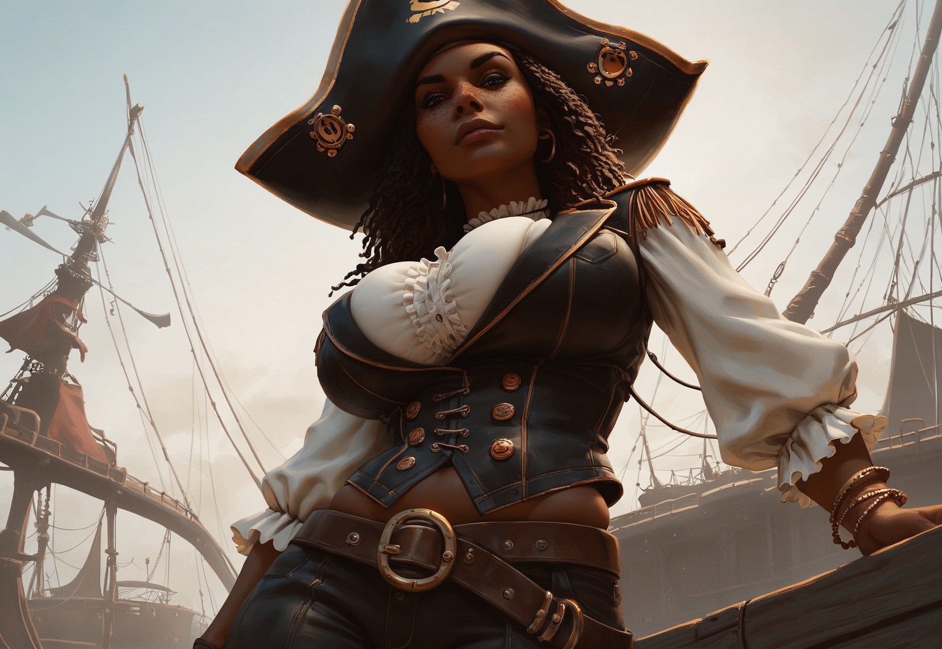 safe_pos, score_9, source_cartoon, rating_explicit, (sluty:1.2, explicit:1.2, voluptuous), high detail face, best quality, absurd res, 1girl, CheonSohee, 

skindentation, bursting breasts, (realistic skin, skin texture), middle breasts, big ass, wide hips, tiny waist, (foreshortening:1.2, dutch_angle:1.15, dynamic_angle:1.15, perspective:1.15), 

upper body, side view


((1 dark skinned African woman with freckles)), practical pirate attire, (((white long-sleeved pirate blouse))), (((long baggy pants))), torn pirate hat, looking at viewer, many necklaces, bracelets, (((large freckles:1 all over body))), Caribbean sun, ((leather black tricorn hat)) with feathers sticking out from it, and [high leather boots] with [metal buckles] and [spurs]. deck of the ship, and [dramatic sky] in natural light, with [soft shadows], fantasy, ((steampunk)), ((pirate ship)), prt:03, <lora:more_details:0.4>,