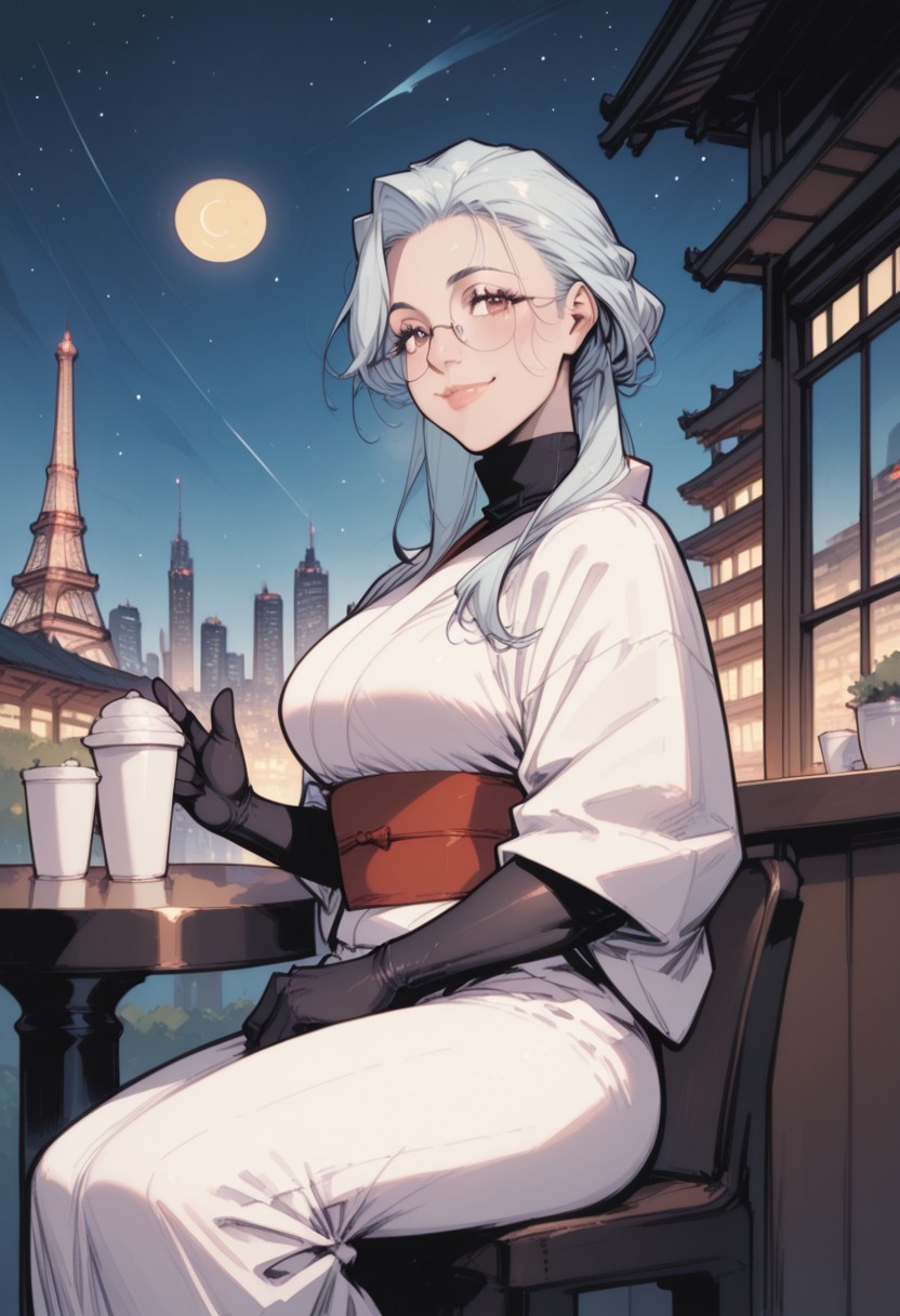 commix style, zPDXL3, PnyCmicXLPOS, score_9, score_8_up, score_7_up, masterpiece, best quality, absurdres, vibrant, highly detailed, very aesthetic, from side, cowboy shot, mature, stunning, 1girl, solo, saihoutakenoue, white kimono, black turtleneck, black gloves, elbow gloves, red obi, glasses, sitting, waving at viewer, smile, cafe terrace, table, steaming cup, looking at viewer, outdoors, night, Paris, Eiffel Tower, Champ-de-Mars, city lights, starry sky, (crescent moon:1.4)