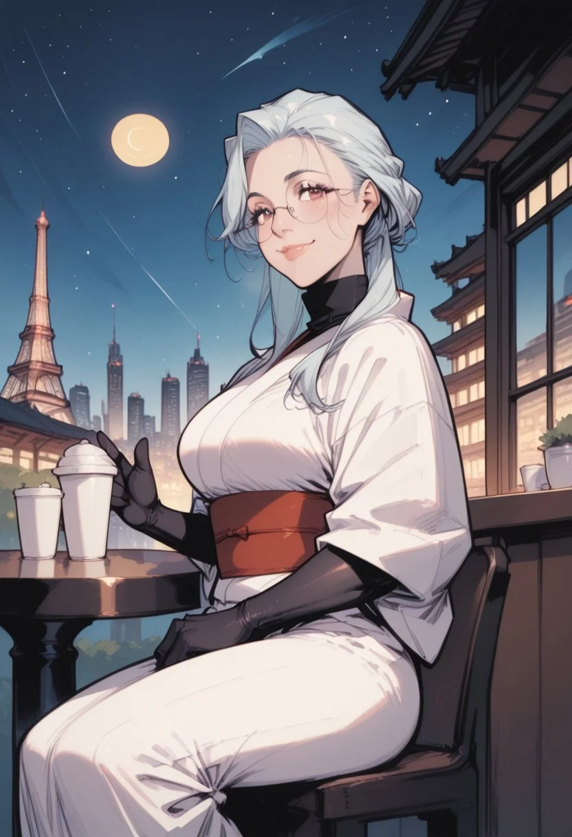 commix style, zPDXL3, PnyCmicXLPOS, score_9, score_8_up, score_7_up, masterpiece, best quality, absurdres, vibrant, highly detailed, very aesthetic, from side, cowboy shot, mature, stunning, 1girl, solo, saihoutakenoue, white kimono, black turtleneck, black gloves, elbow gloves, red obi, glasses, sitting, waving at viewer, smile, cafe terrace, table, steaming cup, looking at viewer, outdoors, night, Paris, Eiffel Tower, Champ-de-Mars, city lights, starry sky, (crescent moon:1.4)