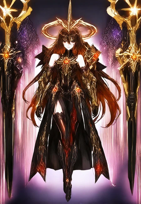 safe_pos, safe_pos, [<lora:EnvyBetterHands:2.0>, <lora:Machina_Corruption_Omega_Processor_Pony_V2:1>, (Abstract Backdrop:1.5), fine_ascxl, anime screencap], [(highly detailed, highly-detailed, realistic, fine fabric detail, absurdres, masterpiece, very aesthetic, best quality, anime style, score_9, score_8_up, score_7_up):1.4, glowing, arm0rs3nt1n3l, arm0rpunkv4], [(uncensored, full body:2.0, solo:1.4), (1girl, standing, detailed face, blush), {machina corruption, CursedSwordMGE, nanoha}:1, (iridescent eyes, unusual eyes, glowing eyes, symbol-shaped pupils), (colored inner hair, very long hair, black hair, brown hair, two-tone hair, multicolored_hair, ahoge, gradient hair, hair between eyes, red body marking), (neck, collarbone, abs, navel, joints, muscular, bulky arms, large torso, narrow waist, large hips, thick thighs, long legs), (mechanical limbs, mechanical tail):0.8, (floating halo:1.3, mechanical halo:0.8, glowing crown:0.7, crown halo, red light:1.6)], [(red scarf, cloak, armor, holding sword, ornate outfit:1, fur-trimmed bodysuit:0.75, full bodysuit), (magical coat, open coat), (detached long sleeves, gilded sleeves)], [clothing cutout, cleavage cutout, black corset, shoulder armor, shoulder capes], [(high-waist skirt, frilly skirt, see-through skirt), (gilded gauntlet:4, elbow gloves:3), (white short shorts, black tights, pelvic curtain, thigh boots, highheels)]