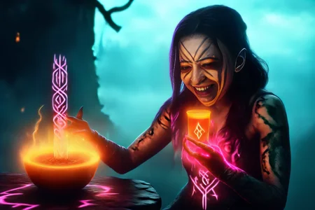Hyperrealistic art A witch with a wicked grin drinking blood in a glass, casting a spell in the foreground and fire lights in the background with the bokeh effect. Ultra realistic <lora:Darkness:.6> Darkness <lora:Demon Girl:.7> Demon Girl style, Demon style <lora:Almawade:.6> alma <lora:GlowingRunesAIv4:.7> GlowingRunes_red, GlowingRunes_paleblue, GlowingRunes_green, GlowingRunes_purple, GlowingRunes_yellow, GlowingRunes_pink . Extremely high-resolution details, photographic, realism pushed to extreme, fine texture, incredibly lifelike
