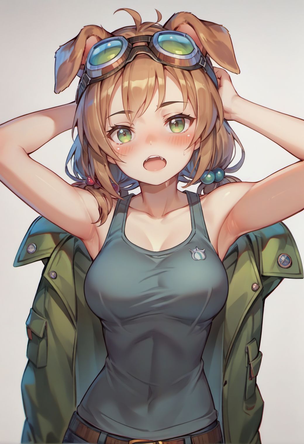 score_9, score_8_up, score_7_up, score_6_up, traditional media, tsukar3ta style,
collarbone, jacket, blush, breasts, goggles_on_head, grey_background, armpit_crease,simple_background, sidelocks, black_tank_top, hair_bobbles, looking_at_viewer, bare_shoulders, highres, dog_ears, 1girl, open_mouth, solo,
<lora:tsukareta_san_style:0.8>,
<lora:fix_hands:1.5>,
