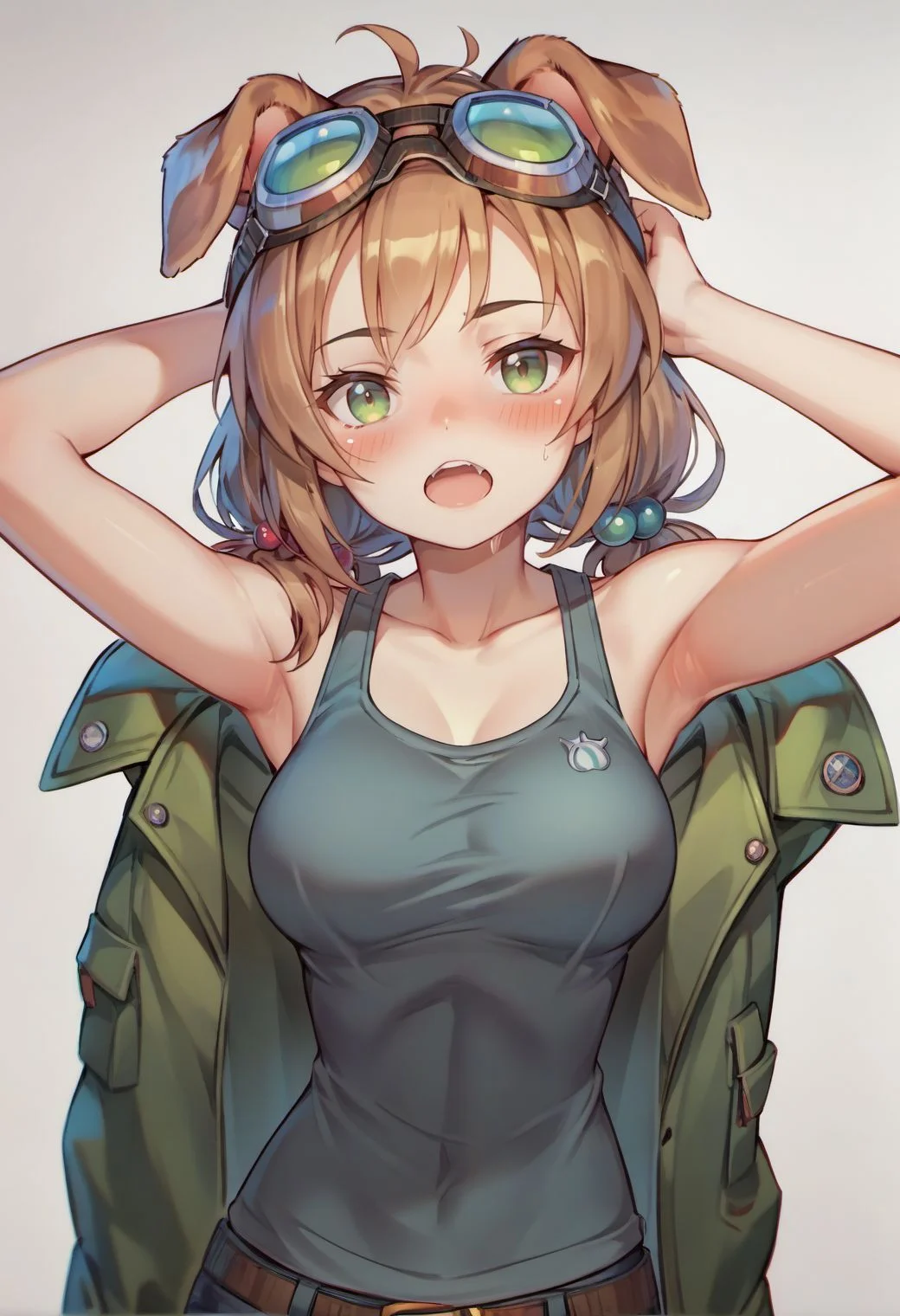 score_9, score_8_up, score_7_up, score_6_up, traditional media, tsukar3ta style,
collarbone, jacket, blush, breasts, goggles_on_head, grey_background, armpit_crease,simple_background, sidelocks, black_tank_top, hair_bobbles, looking_at_viewer, bare_shoulders, highres, dog_ears, 1girl, open_mouth, solo,
<lora:tsukareta_san_style:0.8>,
<lora:fix_hands:1.5>,