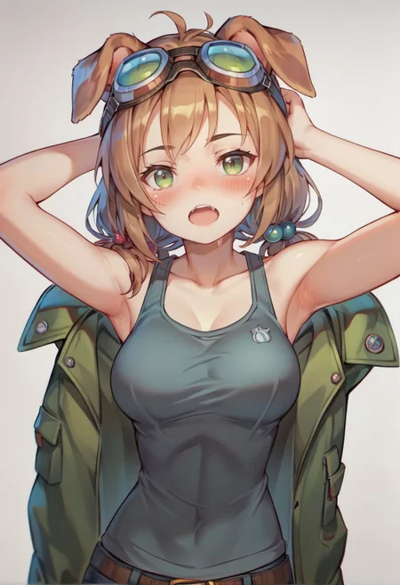 score_9, score_8_up, score_7_up, score_6_up, traditional media, tsukar3ta style,
collarbone, jacket, blush, breasts, goggles_on_head, grey_background, armpit_crease,simple_background, sidelocks, black_tank_top, hair_bobbles, looking_at_viewer, bare_shoulders, highres, dog_ears, 1girl, open_mouth, solo,
<lora:tsukareta_san_style:0.8>,
<lora:fix_hands:1.5>,