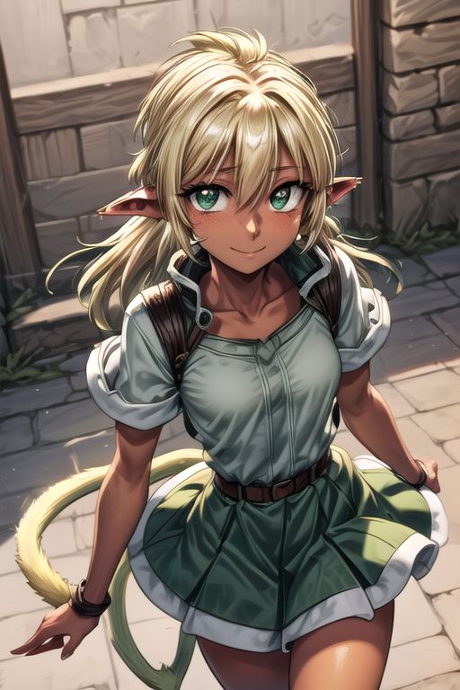 best quality, ultra-detailed, (1girl, solo,fam, blonde hair, (green eyes:1.5), pointy ears, Small breasts, dark skin, dark-skinned female, elf, long pointy ears, tail, Brutal smile, Narrow eyes), tutu skirt, ng_deepnegative_v1_75t, easynegative
