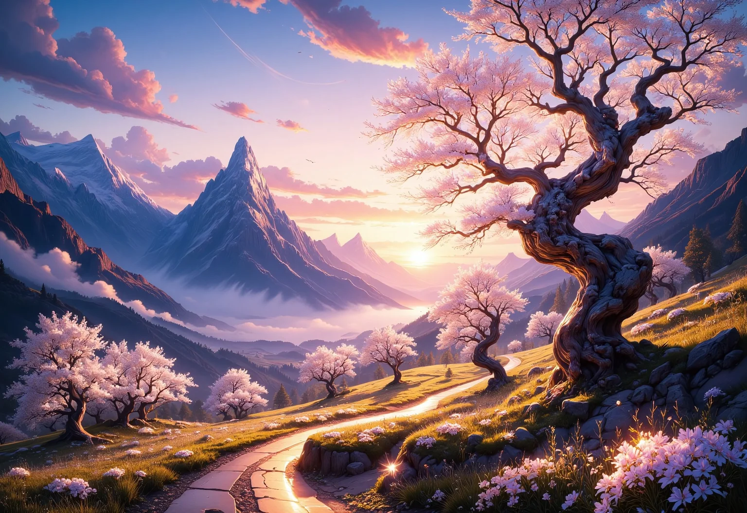 A golden road winds through a misty valley towards towering mountains. The rising sun peeks over the horizon, painting the sky in vivid hues of pink, orange, and gold. Ancient white cherry trees line the path, their blossoms awakening to the dawn's first light, petals glowing with an ethereal radiance. Dew-kissed grass sparkles as sunbeams dance across the landscape. Wispy clouds catch the morning light, transforming into floating islands of color. In the distance, the mountains' peaks emerge from shadow, their crystal spires glinting in the new day's brilliance. As the world stirs to life, luminous flowers unfurl along the roadside, their soft glow harmonizing with the cherry blossoms' increasing luminescence.