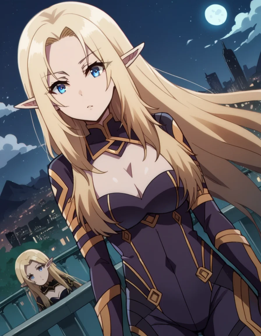 score_9, score_8_up, score_7_up, source_anime,
shadowalpha, <lora:shadow-alpha-ponyxl-lora-nochekaiser:1>,
alpha, long hair, blue eyes, blonde hair, pointy ears, elf,
cleavage, clothing cutout, cleavage cutout, bodysuit, black bodysuit,
outdoors, cityscape, night, moon,
looking at viewer, dutch angle,