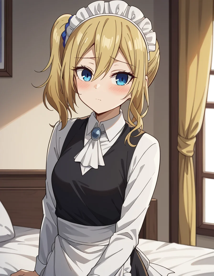 score_9, score_8_up, score_7_up, source_anime,
aihayasaka, <lora:ai-hayasaka-s3-ponyxl-lora-nochekaiser:1>,
ai hayasaka, bangs, blue eyes, blonde hair, hair ornament, hair between eyes, sidelocks, side ponytail, scrunchie, hair scrunchie, blue scrunchie,
shirt, long sleeves, dress, white shirt, collared shirt, apron, maid, maid headdress, ascot, waist apron,
indoors, bed, bed room, on side, blush, drunk,
looking at viewer, cowboy shot, dutch angle, solo,