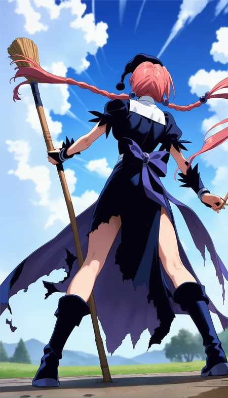 score_9,score_8_up,score_7_up,
<lora:dorothy>,doroshii,1girl,solo,
long pink hair,bangs,two braided pigtails,dark purple jewels in braided pigtails,black cap with ball on end,
black dress,dress knee-length,dress with slit on left side up to hip,torn clothes,large bow on lower back,short puffed sleeves,tight around torso,white collar,mail coach tie,dark purple jewel on tie,black boots below knees,
sideboob,
outdoors,blue sky,soft clouds drifting,summer,
vignetting,blurry background,
looking ahead,expressionless,closed mouth,side-back view,full body,right hand holding a broom,left arm partially extended and fingers slightly curved in a relaxed and graceful pose,standing,