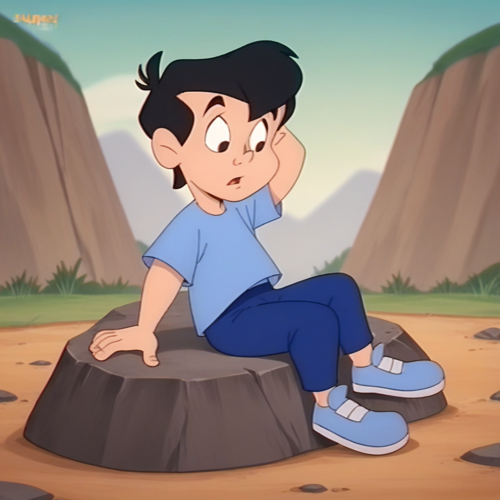 score_9_up, score_8_up, BREAK, Neddiehugson, 1boy, solo,  black hair, short hair, black eyes, blue shirt, blue pants, blue footwear, outdoors, sitting on rock,  <lora:NeddieHugson_TheOzKids_PXL_Leaf1:1>