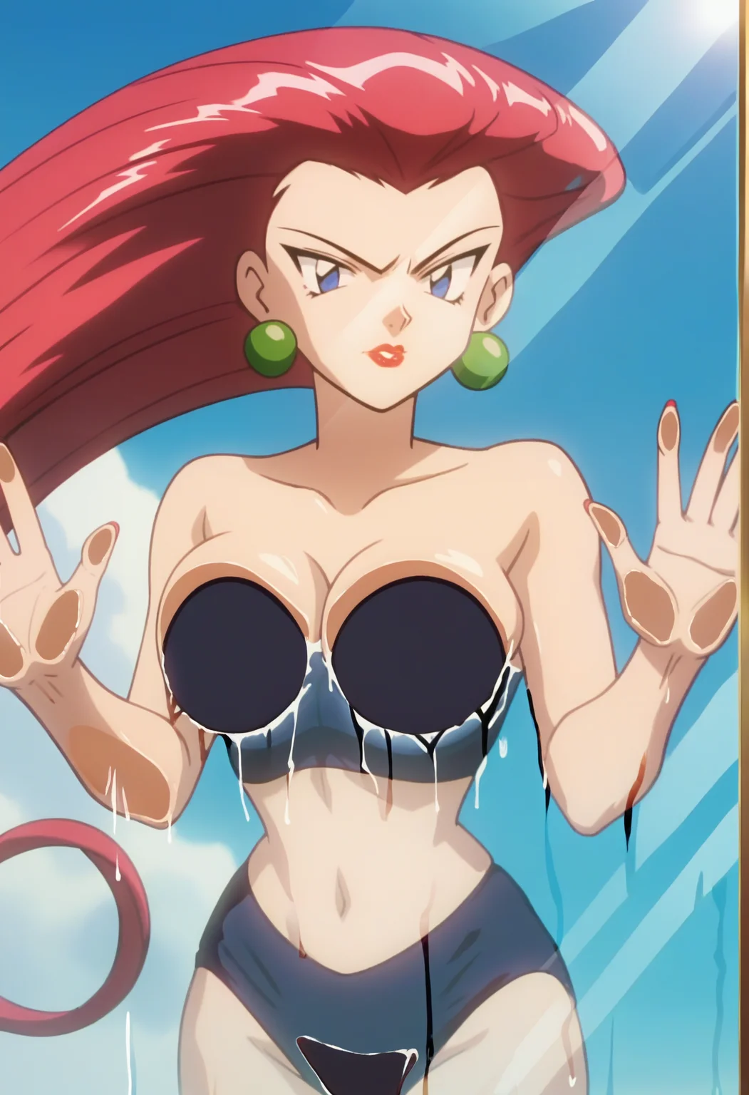 score_9, score_8_up, score_7_up, score_6_up, anime screencap, anime coloring, <lora:PMJessieV2:0.9>, PMJessie, red hair, long hair, blue eyes, lipstick, earrings, 
strapless bikini, black bikini,
against glass, breasts on glass, breast press, looking at viewer, upset, 
BREAK day, blue sky, sunlight, sunbeam, beach,