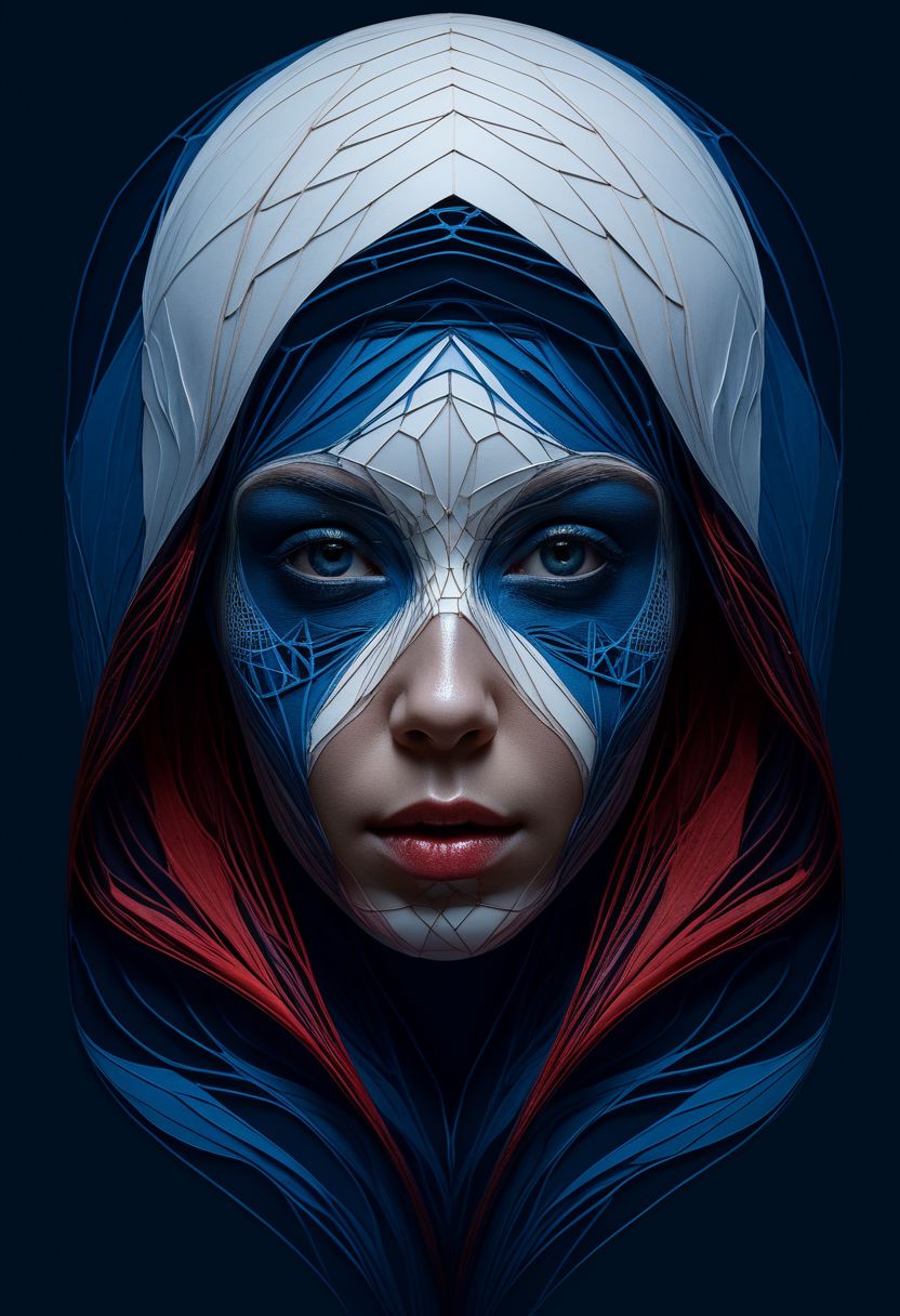 layered papercut, mysterious face, a native woman in artsy clothing, fading backlit background, (deep sea fading white to deep blue/red), alluring goddess, by Minjae Lee, Carne Griffiths, Emily Kell, Steve McCurry, Geoffroy Thoorens, Aaron Horkey, Jordan Grimmer, Greg Rutkowski, amazing depth, double exposure, surreal, geometric patterns, intricately detailed, bokeh,  perfect balanced, deep fine borders, artistic photorealism , smooth,  great masterwork by Suiras  <lora:add-detail-xl:2>  <lora:Double_Exposure:0.5>