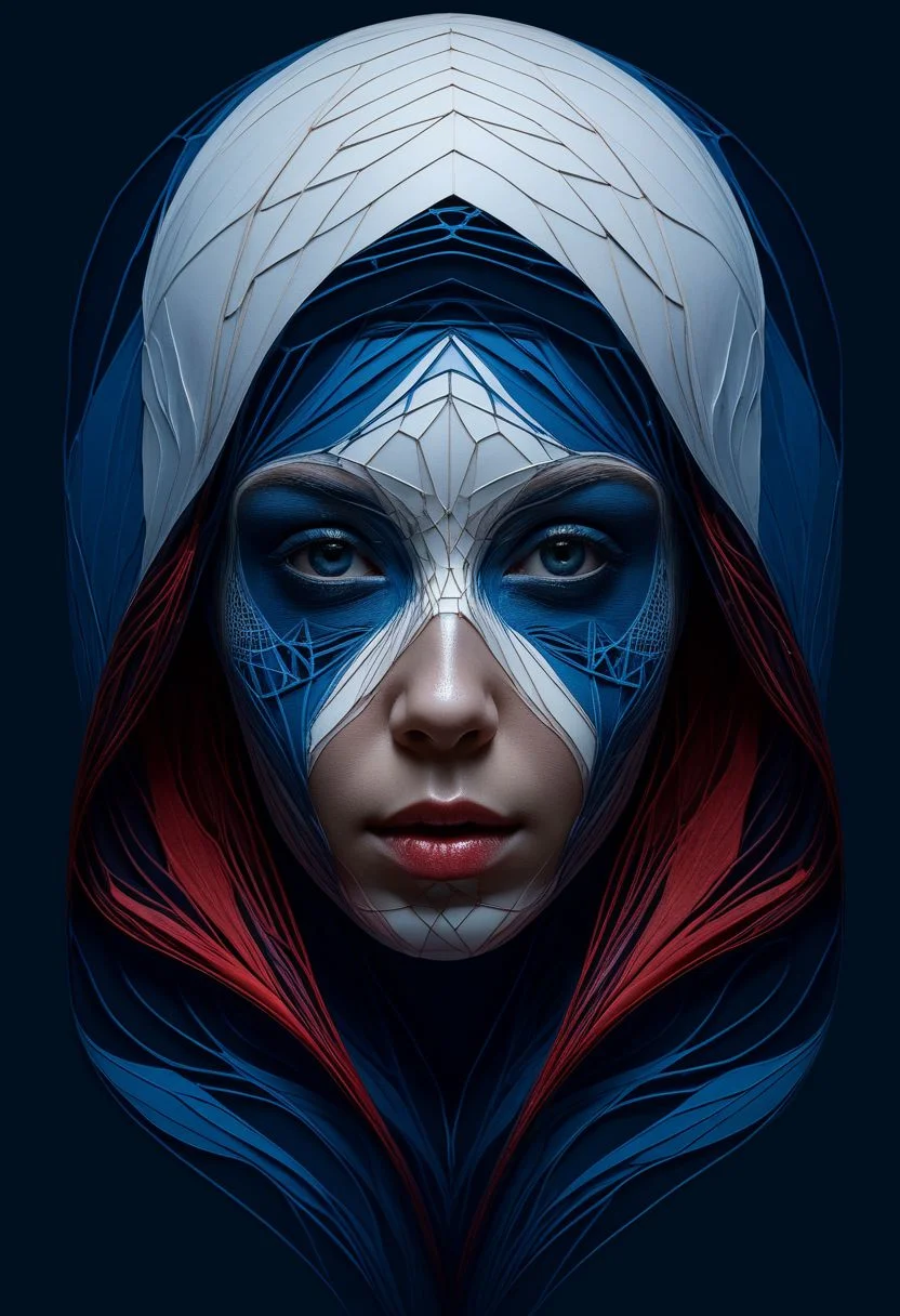 layered papercut, mysterious face, a native woman in artsy clothing, fading backlit background, (deep sea fading white to deep blue/red), alluring goddess, by Minjae Lee, Carne Griffiths, Emily Kell, Steve McCurry, Geoffroy Thoorens, Aaron Horkey, Jordan Grimmer, Greg Rutkowski, amazing depth, double exposure, surreal, geometric patterns, intricately detailed, bokeh, perfect balanced, deep fine borders, artistic photorealism , smooth, great masterwork by Suiras <lora:add-detail-xl:2> <lora:Double_Exposure:0.5>