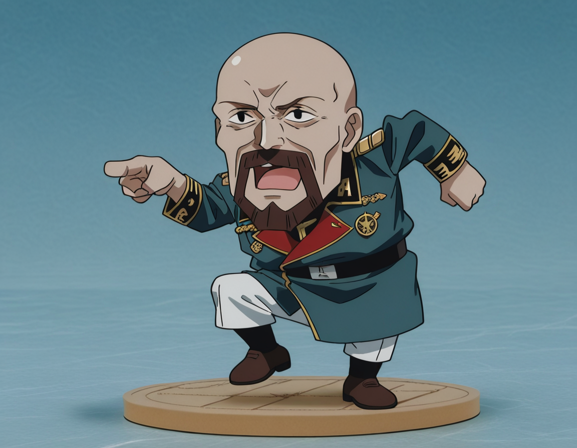 <lora:IL_Aiguille_Delaz:1>,1man,Aiguille Delaz,General's uniform,bald,
facial hair,
brown hair,
black eyes,adult,elder,<lora:genba_neko_like_v2:1>,genba_neko,chibi,pointing,standing on one leg,:3,open mouth,meme,parody,faux figurine,, masterpiece,best quality,amazing quality,uncensored