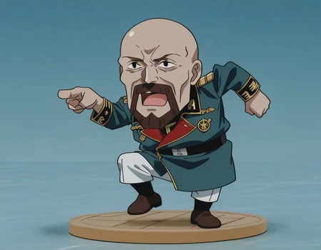 <lora:IL_Aiguille_Delaz:1>,1man,Aiguille Delaz,General's uniform,bald,
facial hair,
brown hair,
black eyes,adult,elder,<lora:genba_neko_like_v2:1>,genba_neko,chibi,pointing,standing on one leg,:3,open mouth,meme,parody,faux figurine,, masterpiece,best quality,amazing quality,uncensored
