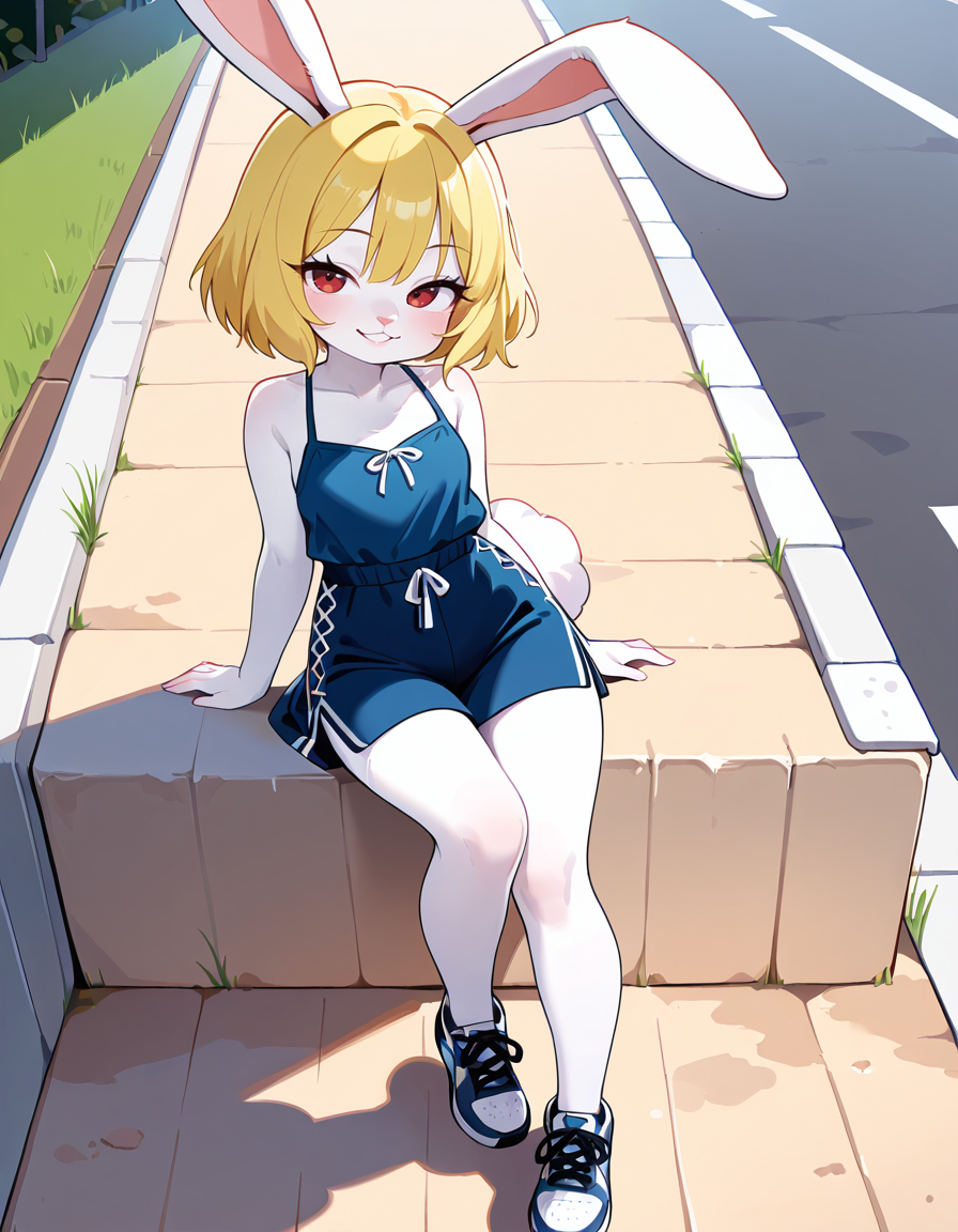 masterpiece, best quality, very aesthetic, absurdres,
outdoors, dressed shadow \(meme\), 
full body, casual, 
seductive smile, parted lips, long eyelashes,
 <lora:Carrot_v01_NAIXL-000011:1>
Ca3307,1girl,solo,furry,furry female,rabbit girl,short hair,blonde hair,rabbit ears,red eyes,animal nose,body fur,white fur,rabbit tail,