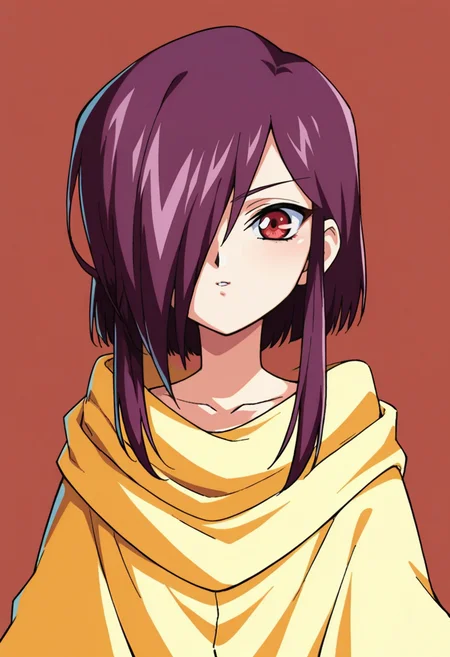 score_9,score_8_up,score_7_up,score_6_up,score_5_up,score_4_up,anime coloring,source_anime,<lora:Pulse_Abel_GaoGaiGar_Pony:0.8>,abel,1girl,solo,red eyes,purple hair,hair over one eye,sidelocks,cloak,multicolored background,portrait,upper body,looking at viewer,