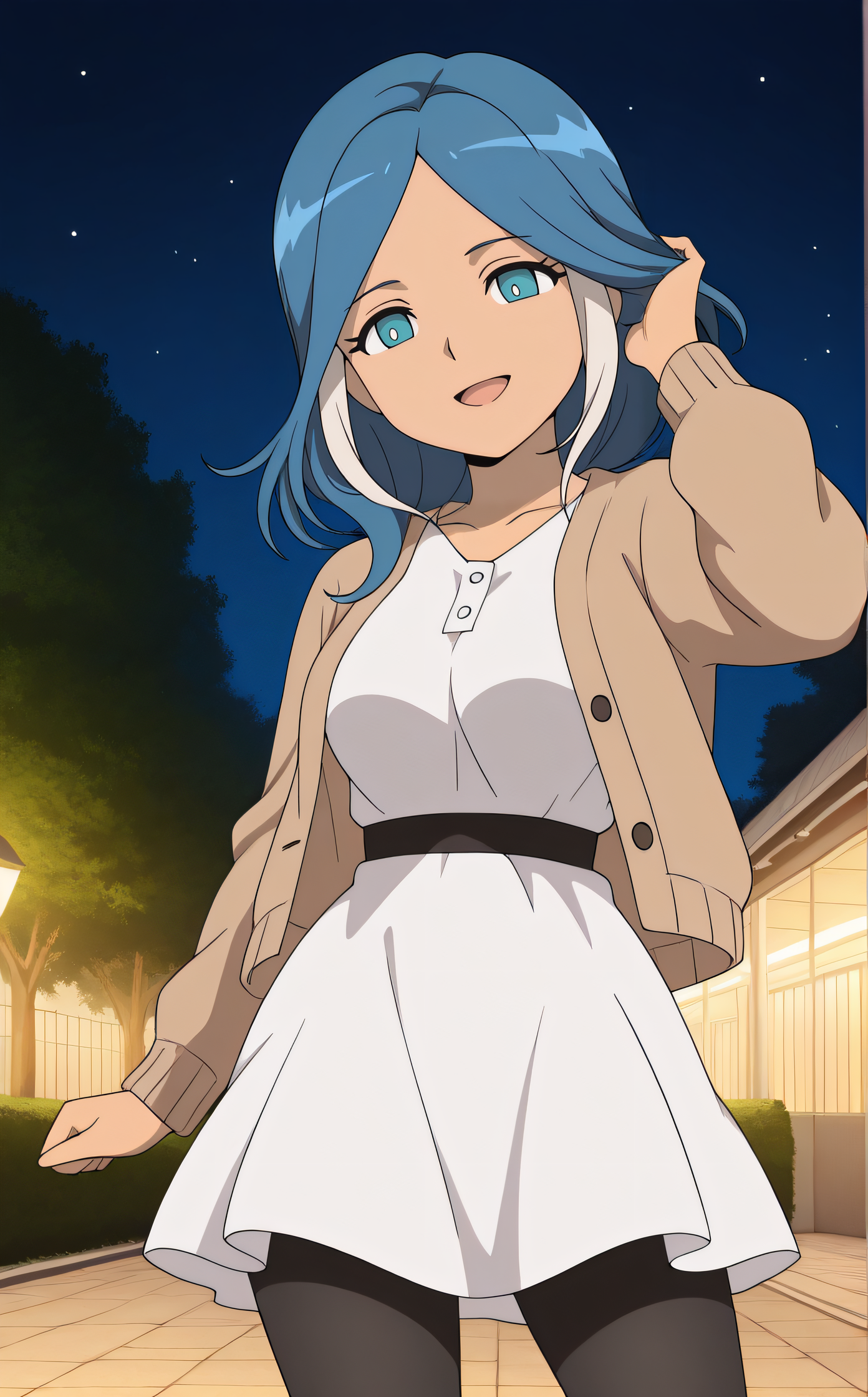 masterpiece, best quality, highres, newest, 1girl, solo, official style, anime screncap, <lora:Ulvida:1>, ulvida, blue hair, white dress, brown cardigan, open clothes, black pantyhose, smile, open mouth, outdoor, night, cowboy shot, hand on hair