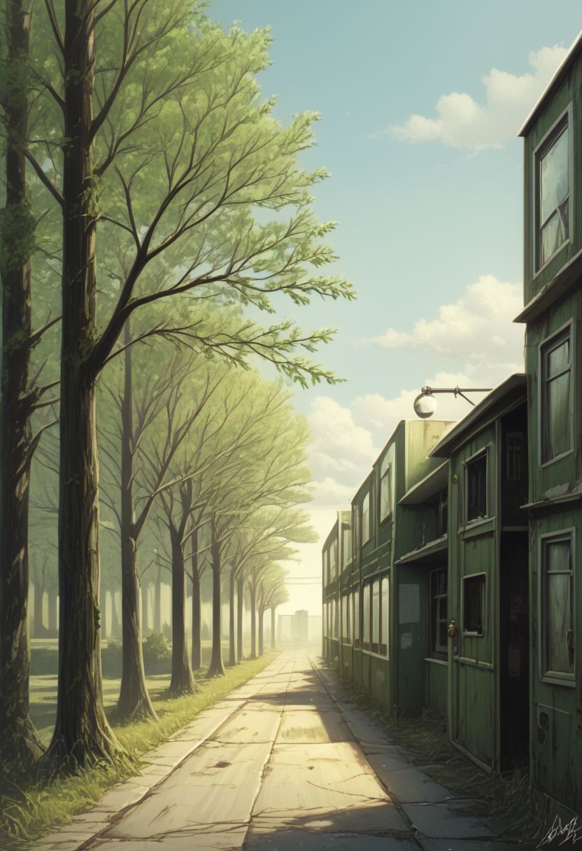 earthelements style, no humans, scenery, outdoors, entrance to an overgrown building, post apocalyptic, tree, day, door, grass, overgrown, ethereal, green, BREAK  PonyXLV6_Scores
