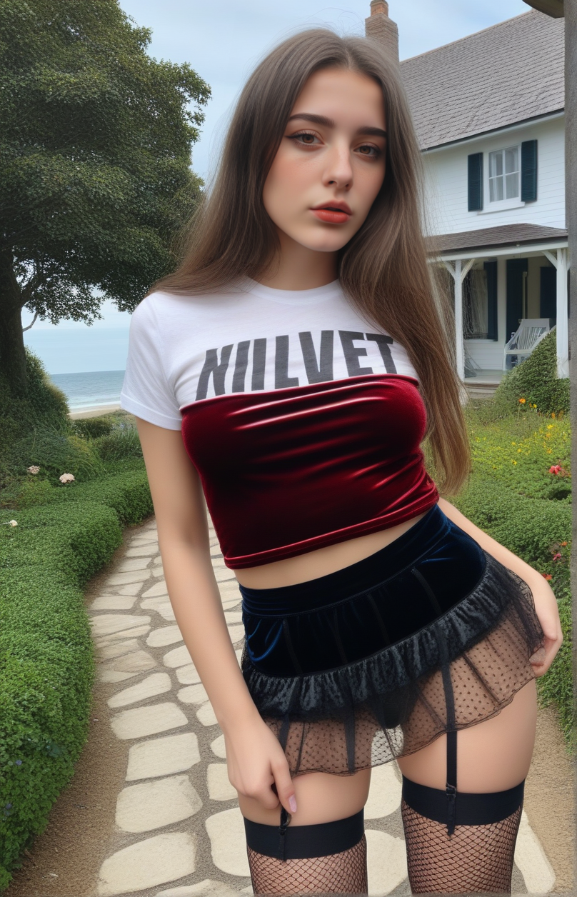 Stable_Yogis_PDXL_Positives <lora:Virtual_Babes_1_By_Stable_Yogi_SDXL8:0.8>
 88babes-girl88, long hair,  brown hair, realistic, brown eyes, face close up, red shirt, 
beautiful, realistic, real_life.
 (( wearing Graphic tee, Velvet and mesh ruched garter skirt ,  beachfront cottage with a garden path leading to the shore ))