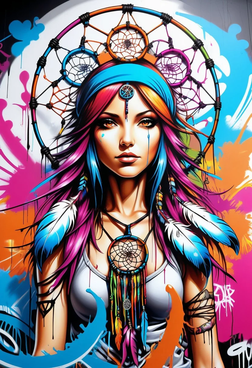 Jed-Gr4ff1t1, masterpiece, full of details, positive emotional, wallpaper enginge, <lora:GraffitiStyle-000003:0.7>, anime comics art of a dreamcatcher, Selective focus, dramatic, studio anime, emotive, colorful, fine polished, professional creative, pure, cinematic light, great composition, contemporary, deep aesthetic