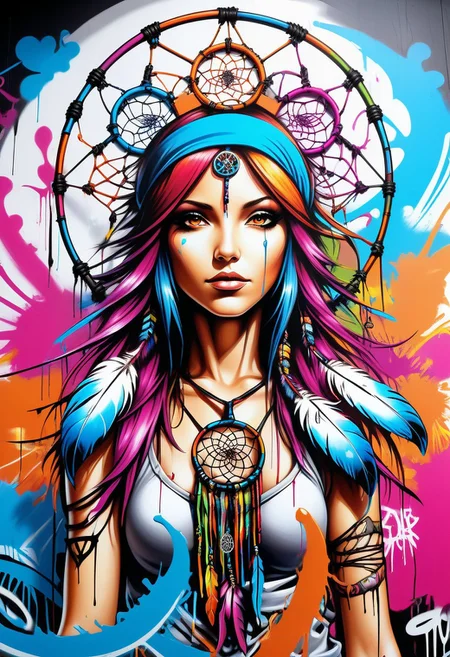 Jed-Gr4ff1t1, masterpiece, full of details, positive emotional, wallpaper enginge, <lora:GraffitiStyle-000003:0.7>, anime comics art of a dreamcatcher, Selective focus, dramatic, studio anime, emotive, colorful, fine polished, professional creative, pure, cinematic light, great composition, contemporary, deep aesthetic