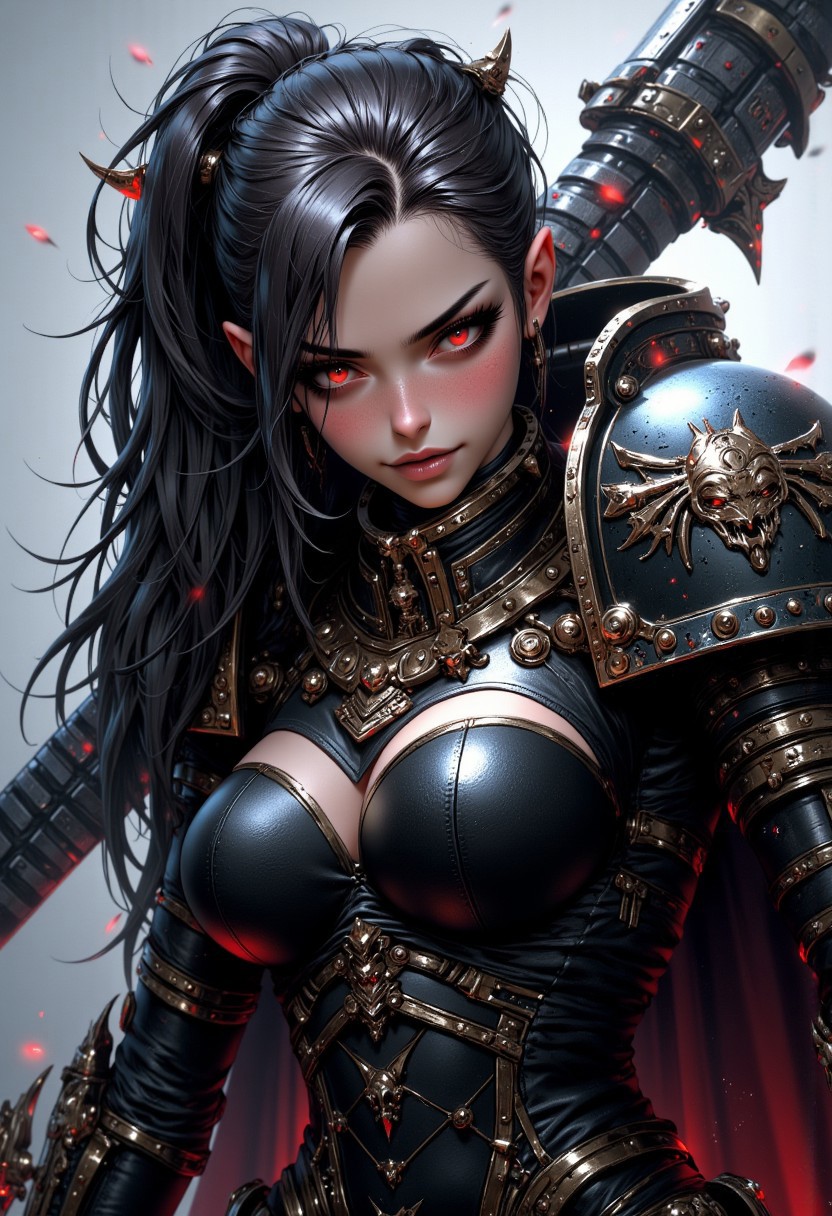 Fangs, black hair, multicolored hair, white hair, long hair, warhammer space marine, in power armor, red eyes, (full body), ultra realistic, delicate and smooth skin, blush, perfect body, thighs, highly detailed, glossy lips, Goth girl, mythp0rt
