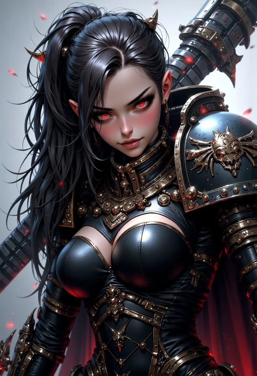Fangs, black hair, multicolored hair, white hair, long hair, warhammer space marine, in power armor, red eyes, (full body), ultra realistic, delicate and smooth skin, blush, perfect body, thighs, highly detailed, glossy lips, Goth girl, mythp0rt
