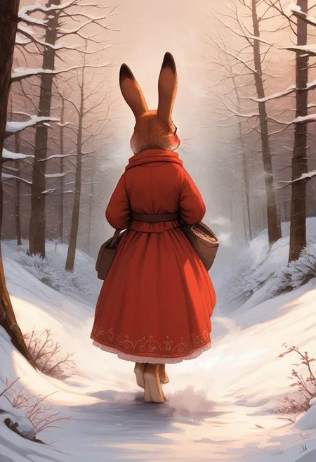 score_9, score_8_up, score_8, solo, (fluffy:0.5), (feral), outdoors, toes, furry, (((rabbit))), female, claws, (fluffy cheeks:0.5), (dress), in the style of beatrix potter, (solo:2), walking in a forest, (bushes), trees, snow, winter, (steam:2), (nervous expression, embarrassed expression:1.4), (look behind), (side view:0.3), (rear view:1.1),