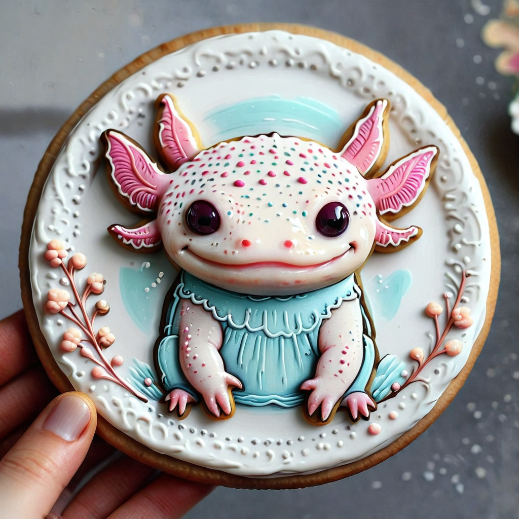 <lora:lora:1>cookie art design,  <lora:Axomodelv2.1:1> simple round cartoon  cookie art,  delicious cute axolotl  cookies  with icing, flat cookies, cookies with cute design  <lora:add-detail-xl:1>,