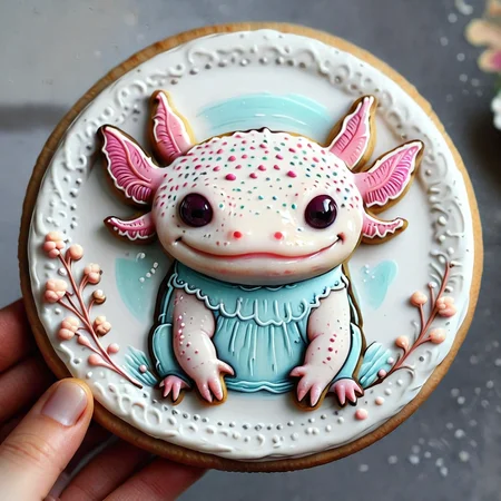 <lora:lora:1>cookie art design, <lora:Axomodelv2.1:1> simple round cartoon cookie art, delicious cute axolotl cookies with icing, flat cookies, cookies with cute design <lora:add-detail-xl:1>,