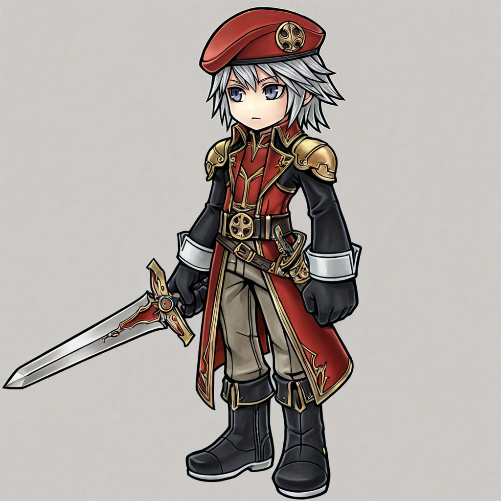 weapon, hat, holding weapon, holding, , gloves, , beret, armor, , 1boy, , white hair, boots, belt, sword, red headwear, holding sword, grey hair, , , black footwear, pants,
2d,  <lora:GAME_STYLE_Dissidia_Final_Fantasy_Opera_Omnia:0.7>  , graphite \(medium\), traditional media, colored pencil \(medium\),dissidiaopera, solo, no nose, full body, ,masterpiece, best quality, very awa,