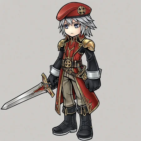 weapon, hat, holding weapon, holding, , gloves, , beret, armor, , 1boy, , white hair, boots, belt, sword, red headwear, holding sword, grey hair, , , black footwear, pants,
2d, <lora:GAME_STYLE_Dissidia_Final_Fantasy_Opera_Omnia:0.7> , graphite \(medium\), traditional media, colored pencil \(medium\),dissidiaopera, solo, no nose, full body, ,masterpiece, best quality, very awa,