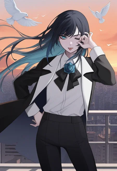 1girl, solo, chando, long hair, flower brooch, blue eyes, mole under eye, blue hair, multicolored hair, blue flower, blue rose, white shirt, collared shirt, black coat, black bowtie, black pants,
standing on rooftop, wind blowing, hands on hips, proud expression, cityscape, sunset glow, clouds, orange sky, birds flying, sense of freedom, tongue out, tease, one eye closed, hand to own eye,
, <lora:Character_Ado - Chando:0.8>