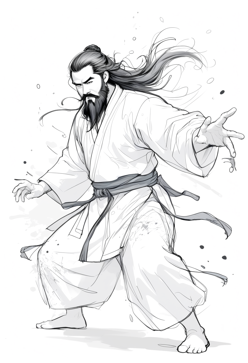 monoprone, zydink, monochrome, ink sketch, 1boy, asian (middle age man), (long beard, facial hair), fighting stance, looking at viewer, long hair, floating hair, hanfu, chinese clothes, long sleeves, (abstract ink splash:1.2), white background, Pastel Drawing, soft colors, cute proportions, simplified features, comedic effect