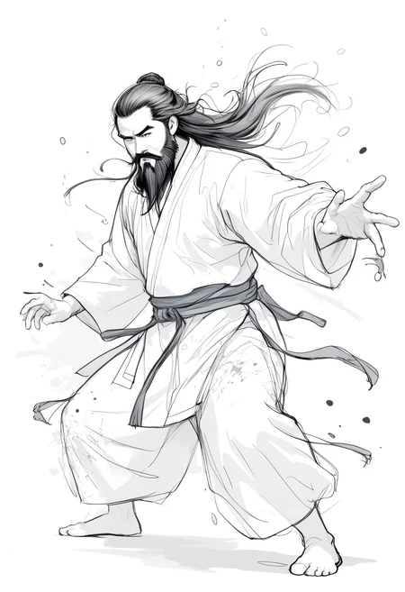 monoprone, zydink, monochrome, ink sketch, 1boy, asian (middle age man), (long beard, facial hair), fighting stance, looking at viewer, long hair, floating hair, hanfu, chinese clothes, long sleeves, (abstract ink splash:1.2), white background, Pastel Drawing, soft colors, cute proportions, simplified features, comedic effect