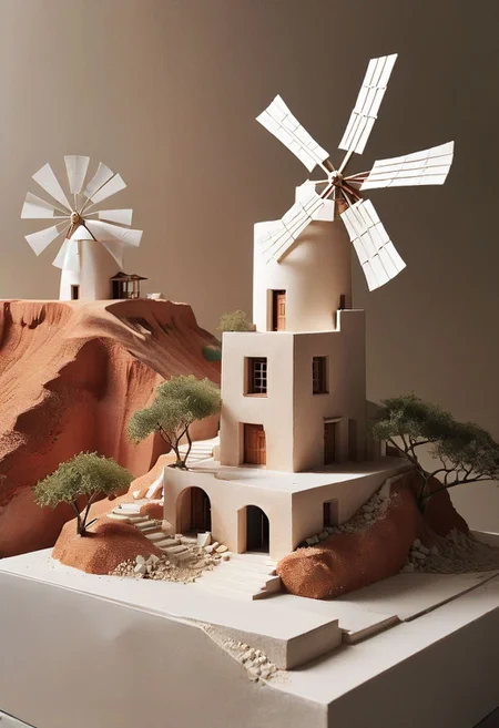 RAW photo, studio shot of an architecture physical model,art by Eleanor Vere Boyle and Andreas Untersberger, hantu ulat sutera adaptive and halcyon atmosphere with dispersion, refined details, Santorini model, style by nty, Greece island,Santorini Windmill,Architecture physical model