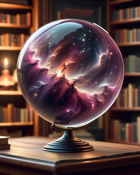 (Masterpiece, Best Quality, Highres:1.2),a glass globe, with a dark 
 nebula inside, on top of a table, in the background of a room with bookshelves, high fidelity, clarity, realistic, 4k, masterpiece