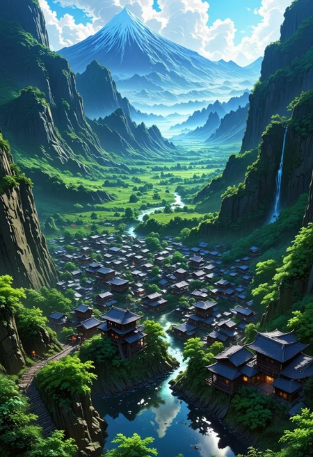 a peacefull medieval Japanese town on a river with a dence forest laying under mountain cliffs. waterfalls comming from the mountains over the cliffs, waterfalls fall into the Japanese town. farm fields surrounding the Japanese town landscape. Japanese town between mountain cliffs laying in a valley with a small lake close to the Japanese town, catle on hill, the town is sorounded by a big stonewall,bv-stuanilan, anime landscape