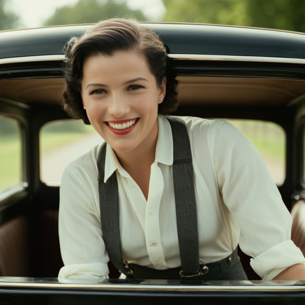 cinematic film still of  <lora:1930's style:1>
In the 1930's a woman leaning out of a car window,solo,looking at viewer,smile,shirt,black hair,1boy,white shirt,male focus,outdoors,teeth,grin,chair,suspenders,realistic,realistic,realism,perfection,perfect,filmic,retro,vintage,classic,different haircut,different look,different style,1930's style , 1930 style, shallow depth of field, vignette, highly detailed, high budget, bokeh, cinemascope, moody, epic, gorgeous, film grain, grainy