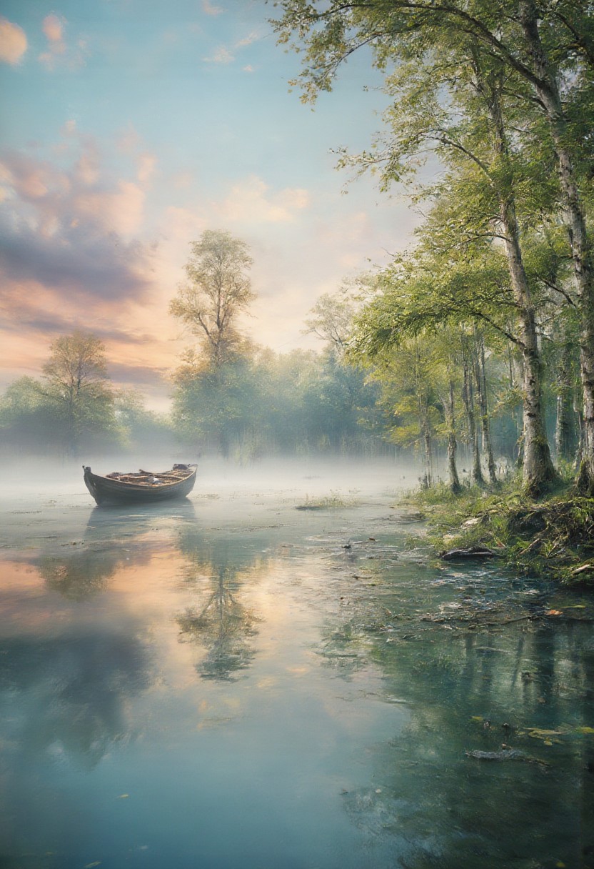 a serene summer lakeside scene at sunrise. The water is calm and reflective, with a small wooden boat resting gently on its surface. A soft mist rolls over the lake, partially obscuring the distant shore and creating an ethereal atmosphere. Along the lake's edge, birch trees with white bark and vibrant green leaves stand in clusters, their reflections shimmering in the water. The sky above transitions from soft pink and orange hues to a light blue, adding warmth and tranquility to the composition. Emphasize the stillness and natural beauty of the scene.
