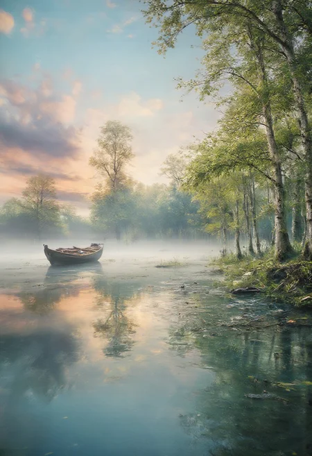 a serene summer lakeside scene at sunrise. The water is calm and reflective, with a small wooden boat resting gently on its surface. A soft mist rolls over the lake, partially obscuring the distant shore and creating an ethereal atmosphere. Along the lake's edge, birch trees with white bark and vibrant green leaves stand in clusters, their reflections shimmering in the water. The sky above transitions from soft pink and orange hues to a light blue, adding warmth and tranquility to the composition. Emphasize the stillness and natural beauty of the scene.