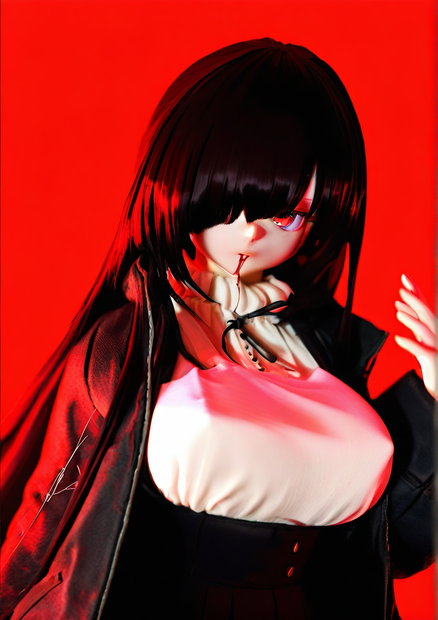 <lora:Azone_International:1.3>,1girl, huge breasts, blood, blood from mouth, hair over one eye, hand up, jacket, long sleeves, looking at viewer, open clothes, open jacket, shirt, signature, solo, upper body, wide sleeves, 
,very awa, masterpiece, best quality, highres, absurdes,amazing quality,year 2024,newest