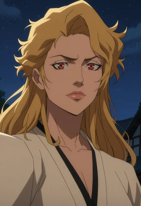 V0XM4CH1N4STYL3, score_9, score_8_up, score_7_up, score_6_up, score_5_up, score_4_up, (perfect face, perfect eyes), 1woman, long blonde hair, sidelocks, bang, updo, messy hair, curly hair, eyelashes, red eyes, bleach style, wearing fundoshi, blonde pubic hair, (pubic hair peek, excessive pubic hair), fundoshi,
Outside at night, a walled village in the distance, towers, stone,AddXL, sm_an_stl ,source_anime, anime screencap, anime, animification, V0XM4CH1N4STYL3