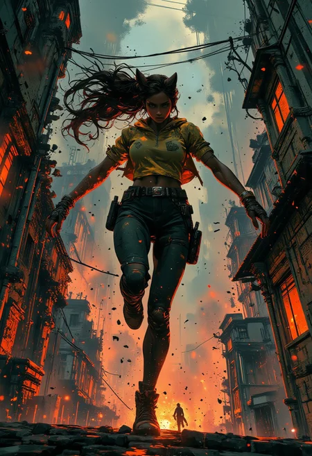 A close-up of a dark-skinned action woman facing the viewer running across the roof of an ancient cyberpunk carved building, hair and cloak blowing in the wind, cat-like grace, graphic novel style meets art nouveau's clean lines, intricate detail, dynamic movement, dramatic scenery mythp0rt, aidmanijiv6