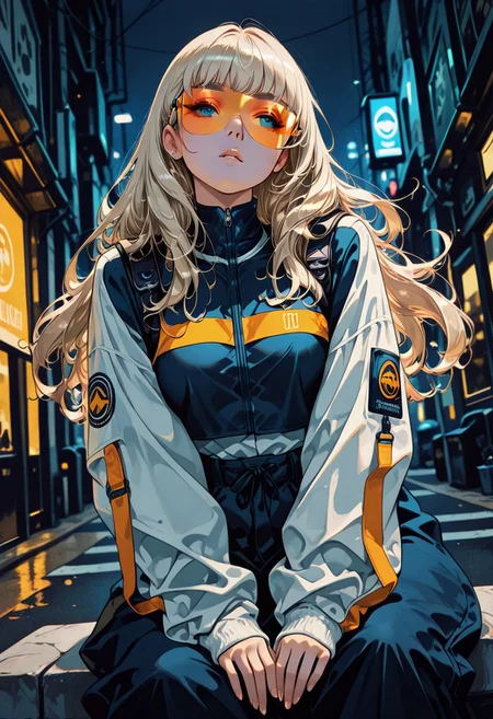 in the style of cksc, masterpiece, best quality, good quality, very aesthetic, absurdres, newest, 8K, depth of field, focused subject, artist:moriimee, ckym, in the style of ckym, platinum blonde femme fatale, flowing hair, wearing orange and blue shades, urban streetwear, baggy pants, sitting leaning against a futuristic sci-fi streetcorner, outdoors, silhouetted, dark night, directional lighting, dutch angle, cowboy shot, detailed face, detailed eyes, detailed mouth