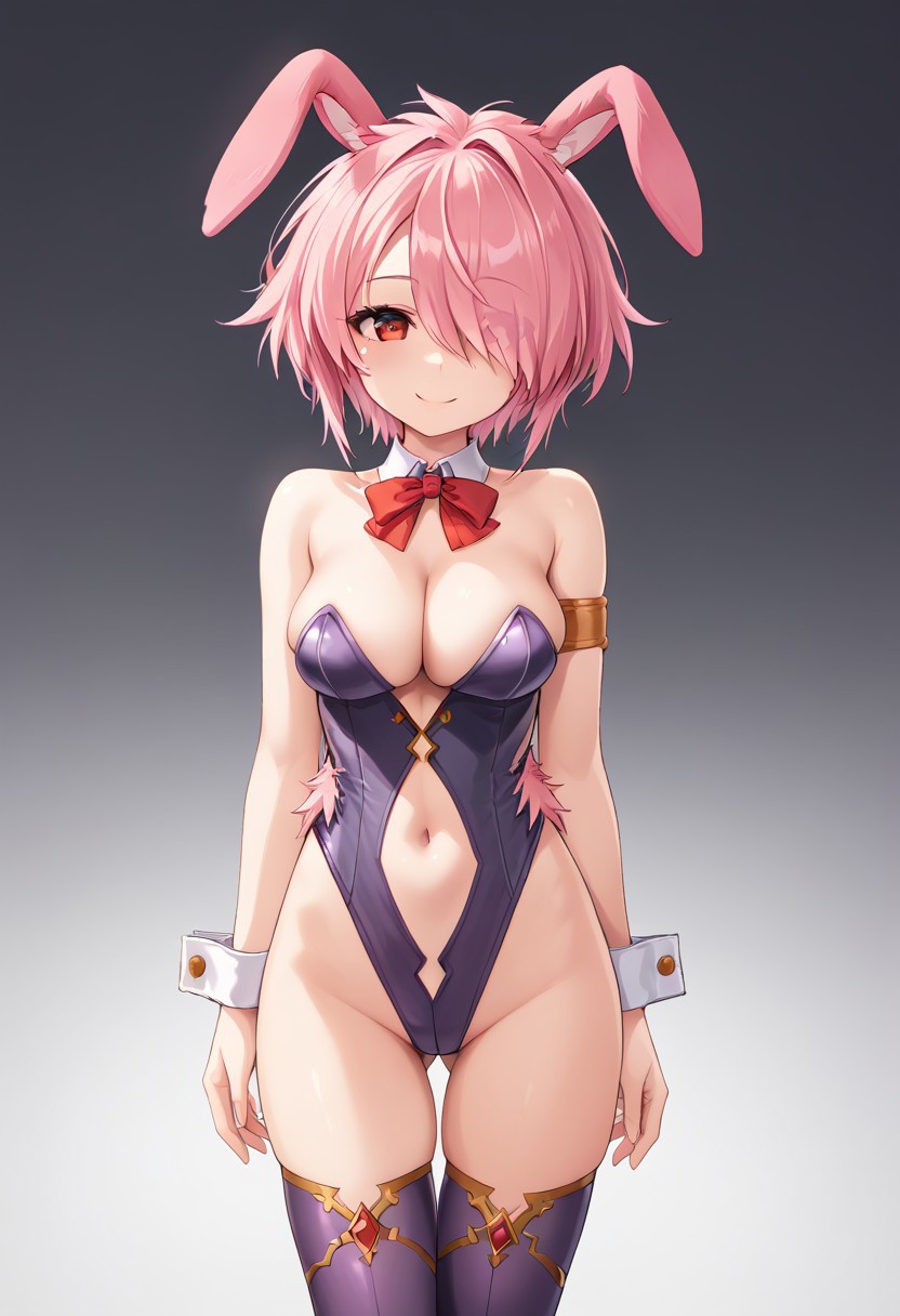 score_9, score_8_up, score_7_up,masterpiece, best quality, absurdres, extremely detailed,2d,source anime,1girl,pink hair,red eyes,purple suit,thighhighs,cleavage,short hair,hair over one eye, rabbit girl,rabbit ears,smile,jumping,cowboy shot