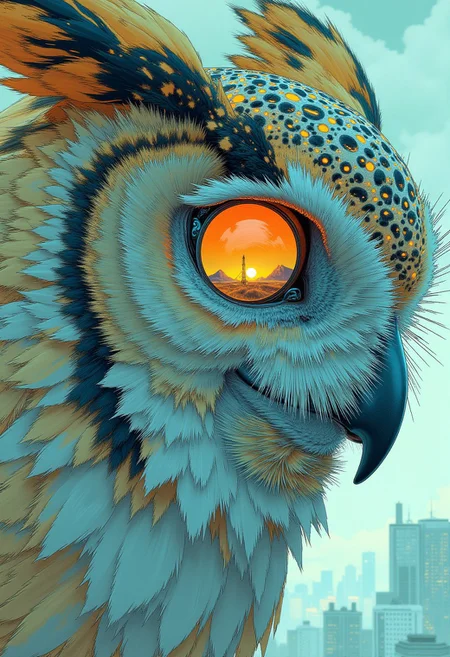 digital art by Adam Martinakis, Goro Fujita and Filip Hodas, Illustration, a close up image of the face of an owl, the reflection on the eyes shows a netherworld, Surrealism, digital manipulation, ethereal landscapes, Concept art, VR painting, imaginative worlds, whimsical characters, digital illustration, Sci-fi digital art, dystopian landscapes, surreal compositions, vibrant colors, dynamic dramatic atmosphere, dynamic cinematic color, flowing, best, unique
