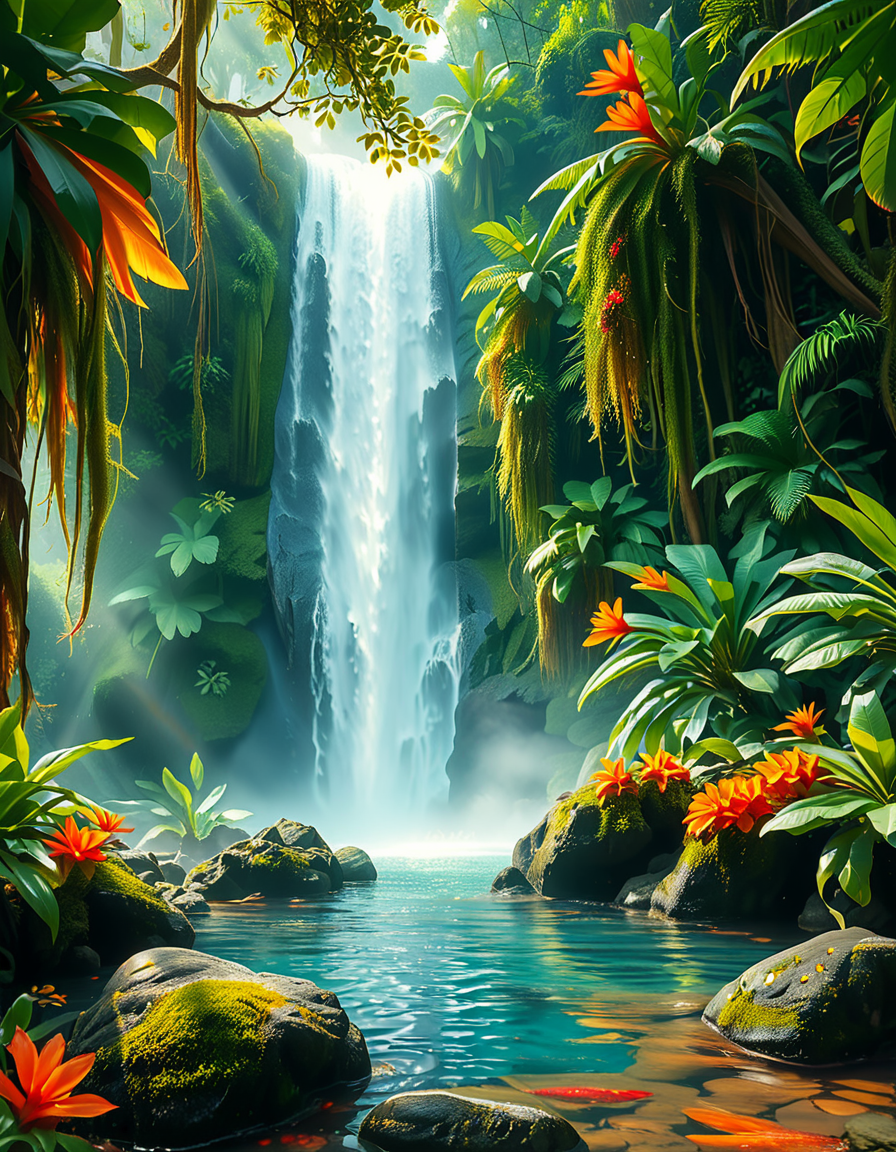 A stunning and tranquil view of a jungle waterfall cascading down smooth, moss-covered rocks into a crystal-clear pool below. The scene is surrounded by dense, lush greenery, with towering tropical trees and vibrant, oversized ferns creating a natural canopy that filters sunlight into dappled patterns on the forest floor. Brightly colored flowers in shades of red, orange, and purple add splashes of color among the greenery, while vines and roots wind their way around the rocks and trees. Mist rises from the base of the waterfall, catching the sunlight and creating a soft, ethereal glow, with a faint rainbow visible in the spray. Exotic birds with iridescent feathers can be seen perched on branches, and the faint sound of distant animal calls adds to the sense of a thriving, untouched paradise. The overall atmosphere is serene, magical, and vibrant, capturing the untamed beauty of nature.<lora:SDXLFaeTastic2400:0.4> <lora:extremely_detailed:0.4> extremely detailed, <lora:Jungle_w4t3rf4ll:1>,Jungle w4t3rf4ll, Masterpiece,best quality,hi res,8k,hi res,8k,award winning,(sharp focus, intricate, highly detailed),