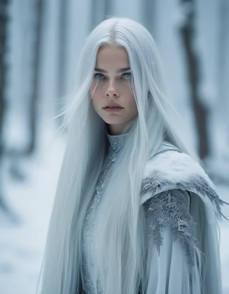 A model with long, straight silver hair and piercing grey eyes, her expression cold and distant. She stands in the middle of a snow-covered forest, the white landscape adding to her ethereal, almost otherworldly presence. <lora:usual-portrait-v2:1>